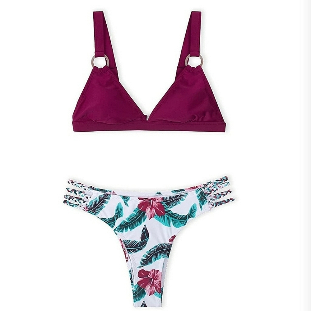 Cupshe Dark Purple and Floral O-Ring Strappy Bikini Size S